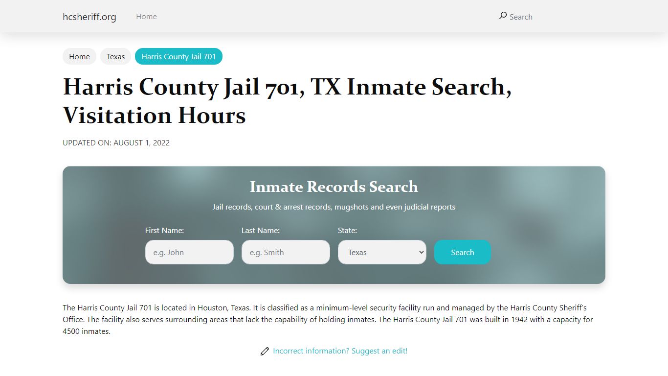 Harris County Jail 701 , TX Inmate Search, Visitation Hours