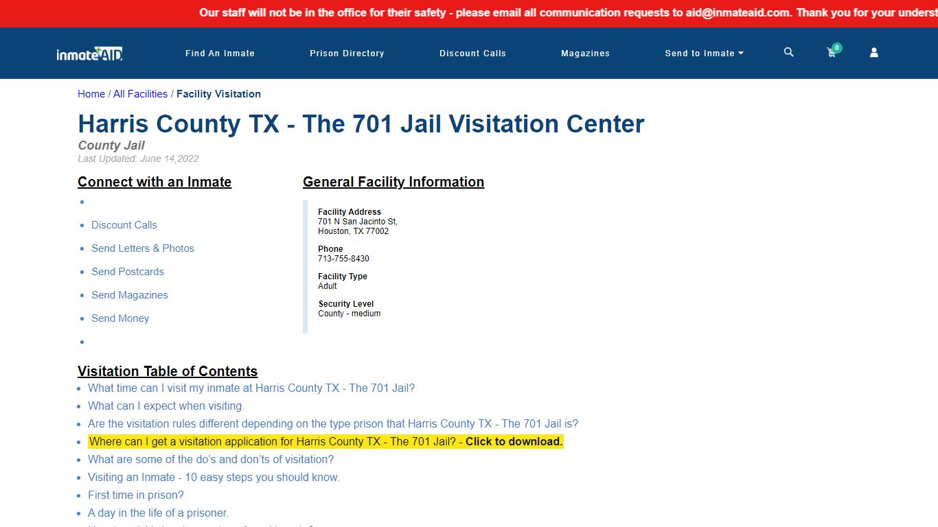 Harris County TX - The 701 Jail | Visitation, dress code & visiting hours